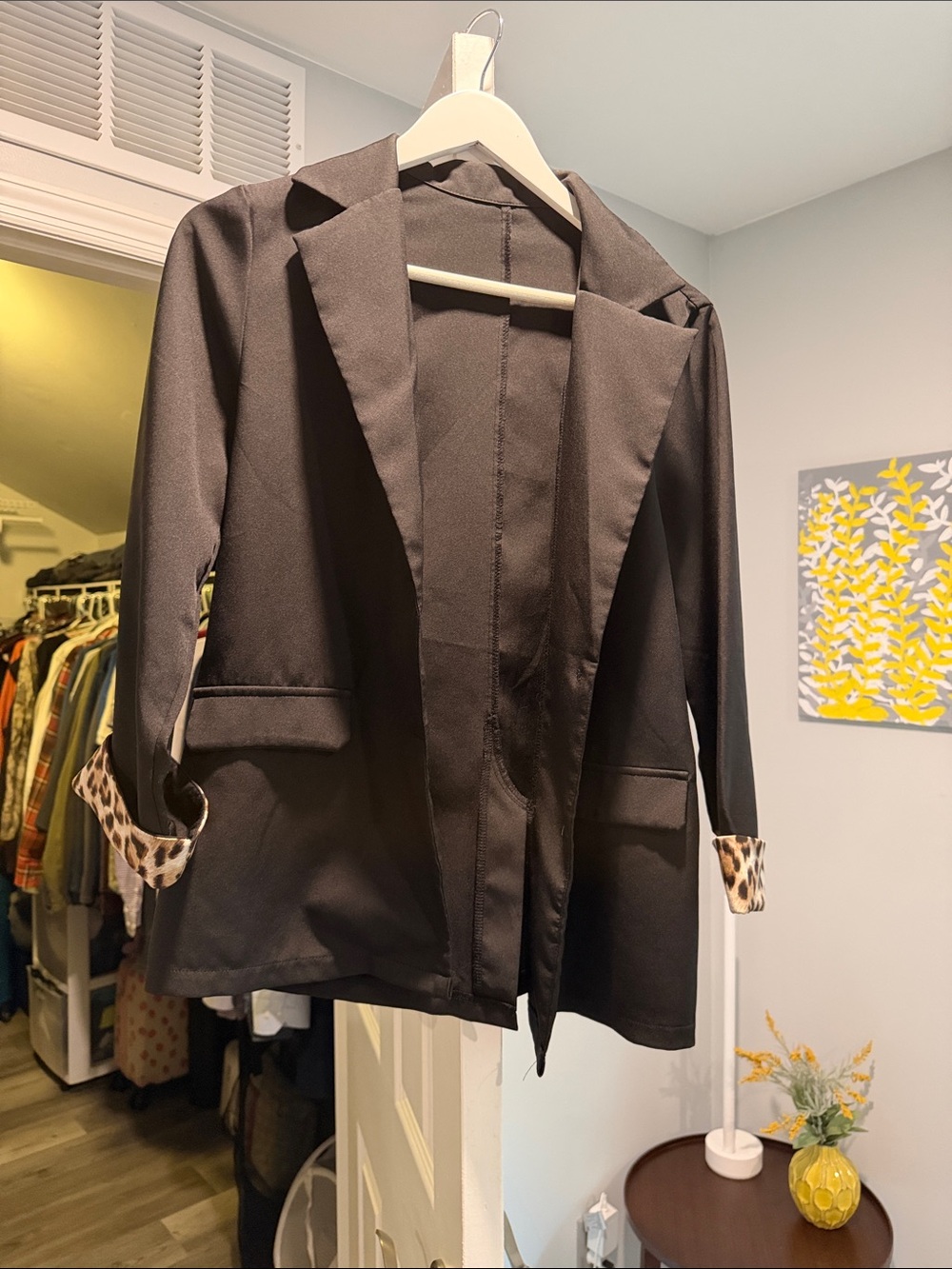 Black Open-Front Blazer with Leopard Cuff Detail